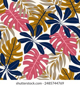 Abstract seamless tropical pattern with bright plants and leaves on a white background. Beautiful seamless vector floral pattern. Beautiful print with hand drawn floral plants.
