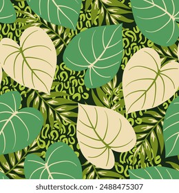 Abstractas patrón tropical sin costuras con plantas brillantes y hojas sobre un fondo verde oscuro. Hermoso patrón floral de Vector sin costuras. Patrón hawaiano colorido del verano sin fisuras con las plantas tropicales.