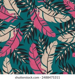Abstract seamless tropical pattern with bright plants and leaves on a green background. Seamless botanical pattern with plants. Vector design. Jungle print. Floral background. 