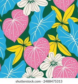 Abstract seamless tropical pattern with bright plants and leaves on a green background. Trendy summer Hawaii print. Seamless exotic pattern with tropical plants. Leaves in bright colors.