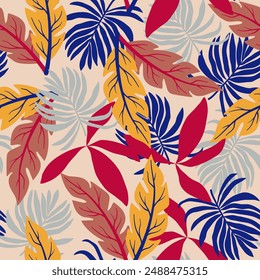 Abstract seamless tropical pattern with bright plants and leaves on a delicate background. Seamless pattern with colorful leaves and plants. Leaves in bright colors.