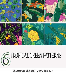 Abstract seamless tropical pattern with bright plants and leaves. Seamless pattern with colorful leaves and plants. Tropic leaves in bright colors.  SET OF 6 TROPICALS for packaging, textile, ads