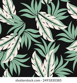 Abstract seamless tropical pattern with bright plants and leaves on a black background. Beautiful seamless vector floral pattern. Beautiful print with hand drawn floral plants.