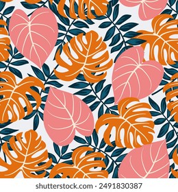 Abstract seamless tropical pattern with bright plants and leaves on a white background. Beautiful print with hand drawn floral plants. Seamless exotic pattern with tropical plants.