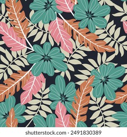 Abstract seamless tropical pattern with bright plants and leaves on a black background. Exotic jungle wallpaper. Botanical leaf seamless vector floral pattern background.