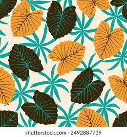Abstrakte nahtlose tropische Muster mit hellen Pflanzen und Blättern auf einem pastellfarbenen Hintergrund. Tropische Blätter in leuchtenden Farben. Schöne nahtlose Vektorgrafik Blumenmuster. Hawaiischer Stil.