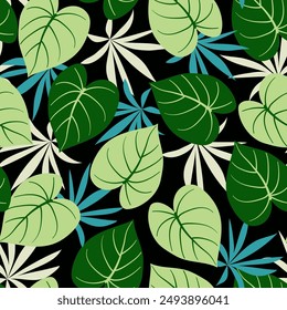 Abstract seamless tropical pattern with bright plants and leaves on a black background. Seamless botanical pattern with plants. Beautiful seamless vector floral pattern.