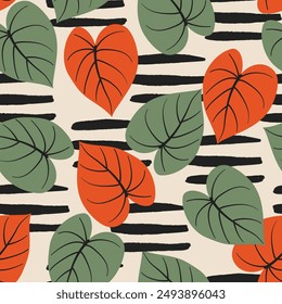 Abstract seamless tropical pattern with bright plants and leaves on a pastel background. Botanical leaf seamless vector floral pattern background. Seamless pattern with colorful leaves and plants.
