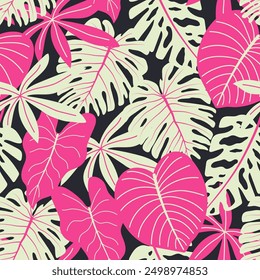 Abstract seamless tropical pattern with bright plants and leaves on black background. Beautiful print with hand drawn floral plants. Leaves in bright colors.