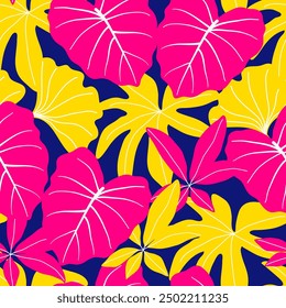 Abstract seamless tropical pattern with bright plants and leaves on a dark blue background. Seamless exotic pattern with tropical plants. Vector design. Jungle print. Floral background. 