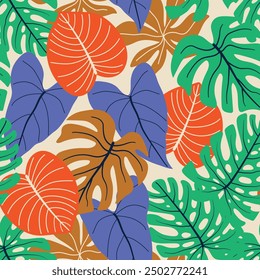 Abstract seamless tropical pattern with bright plants and leaves on a delicate background. Beautiful seamless vector floral pattern. Botanical leaf seamless vector floral pattern background.
