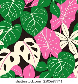 Abstract seamless tropical pattern with bright plants and leaves on black background. Seamless exotic pattern with tropical plants. Beautiful print with hand drawn floral plants.