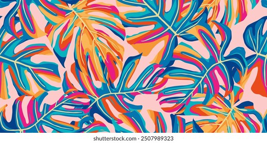 Abstract seamless tropical pattern with bright Monstera leaves on a pink background, Hand drawn natural ornaments for textile, fabric, wallpaper, card, cover, poster, decoration.