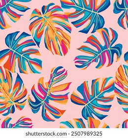 Abstractas patrón tropical sin fisuras con hojas brillantes de Monstera sobre un fondo rosa, adornos naturales dibujados a mano para textiles, tela, Fondo de pantalla, tarjeta, cubierta, póster, decoración.