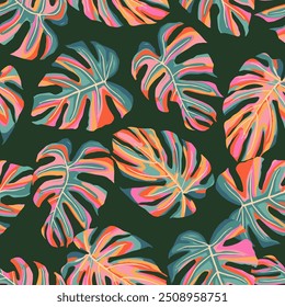 Abstract seamless tropical pattern with bright Monstera leaves on a green background, Hand drawn natural ornaments for textile, fabric, wallpaper, card, cover, poster, decoration.