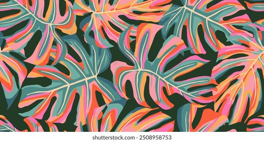 Abstrato padrão tropical sem emenda com folhas brilhantes de Monstera em um fundo verde, ornamentos naturais desenhados à mão para têxteis, tecido, papel de parede, cartão, capa, cartaz, decoração.