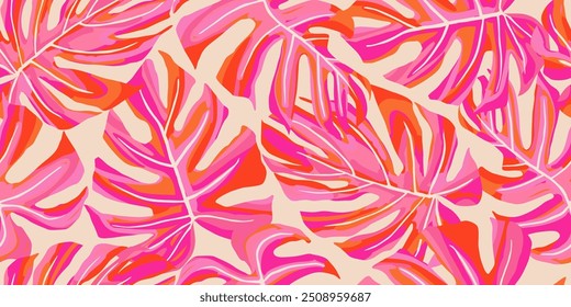 Abstrato padrão tropical sem emenda com folhas brilhantes de Monstera em um fundo claro, ornamentos naturais desenhados à mão para têxteis, tecido, papel de parede, cartão, capa, cartaz, decoração.