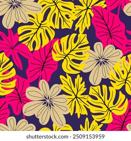 Abstract seamless tropical pattern with bright plants and leaves on a purple background. Leaves in bright colors. Beautiful seamless vector floral pattern. Exotic jungle wallpaper.