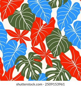 Abstract seamless tropical pattern with bright plants and leaves on pastel background. Vector design. Jungle print. Floral background.  Beautiful print with hand drawn floral plants.