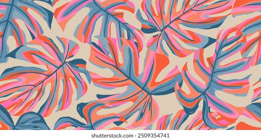 Abstrato padrão tropical sem emenda com folhas brilhantes de Monstera em um fundo claro, ornamentos naturais desenhados à mão para têxteis, tecido, papel de parede, cartão, capa, cartaz, decoração.