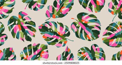 Abstract seamless tropical pattern with bright Monstera leaves on a light background, Hand drawn natural ornaments for textile, fabric, wallpaper, card, cover, poster, decoration.