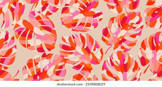 Abstract seamless tropical pattern with bright Monstera leaves on a light background, Hand drawn natural ornaments for textile, fabric, wallpaper, card, cover, poster, decoration.