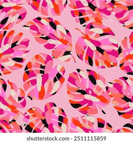 Abstract seamless tropical pattern with bright Monstera leaves, Hand drawn natural ornaments for textile, fabric, background, wallpaper, card, cover, poster, decoration.