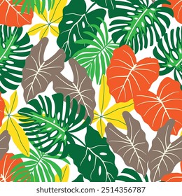 Abstractas patrón tropical sin fisuras con plantas brillantes y hojas sobre un fondo blanco. Patrón exótico sin fisuras con plantas tropicales. Hermoso patrón floral de Vector sin costuras. Estilo hawaiano.