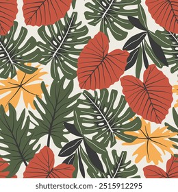 Abstractas patrón tropical sin fisuras con plantas brillantes y hojas sobre un fondo gris. Hermoso patrón floral de Vector sin costuras. Fondo de patrón floral de Vector sin fisuras de hoja botánica.