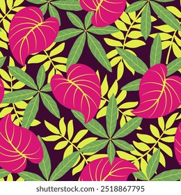 Abstrato padrão tropical sem emenda com plantas brilhantes e folhas em um fundo roxo. Padrão perfeito com folhas e plantas coloridas. Folhas em cores brilhantes. 