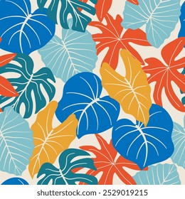 Abstractas patrón tropical sin fisuras con plantas brillantes y hojas sobre un fondo delicado. Diseño abstracto moderno para tela, papel, decoración de interiores. Patrón exótico sin fisuras con plantas tropicales.