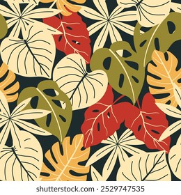 Abstractas patrón tropical sin fisuras con plantas brillantes y hojas sobre un fondo gris. Patrón exótico sin fisuras con plantas tropicales. Diseño abstracto moderno para tela, papel, decoración de interiores.