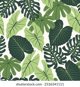 Abstract seamless tropical pattern with bright plants and leaves on pastel background. Seamless pattern with colorful leaves and plants. Summer colorful hawaiian seamless pattern with tropical plants.