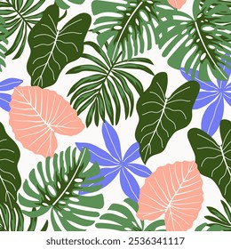 Abstractas patrón tropical sin fisuras con plantas brillantes y hojas sobre un fondo delicado. Diseño abstracto moderno para tela, papel, decoración de interiores. Patrón exótico sin fisuras con plantas tropicales.