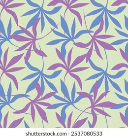 Abstractas patrón tropical sin fisuras con plantas brillantes y hojas sobre un fondo amarillo claro. Diseño abstracto moderno para tela, papel, decoración de interiores. Estampado Hawaii de verano de moda.