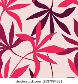 Abstract seamless tropical pattern with bright plants and leaves on a light yellow background. Modern abstract design for fabric, paper, interior decor. Trendy summer Hawaii print.