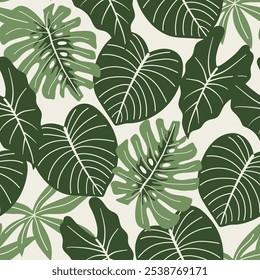 Abstract seamless tropical pattern with bright plants and leaves on a beige background. Seamless exotic pattern with tropical plants. Modern abstract design for fabric, paper, interior decor.
