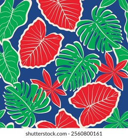 Abstract seamless tropical pattern with bright plants and leaves on a dark blue background. Trendy summer Hawaii print. Summer colorful hawaiian seamless pattern with tropical plants.