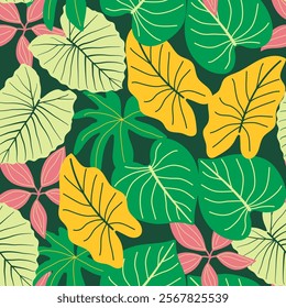 Abstract seamless tropical pattern with bright plants and leaves on a green background. Beautiful print with hand drawn floral plants. Jungle leaf seamless vector floral pattern background.