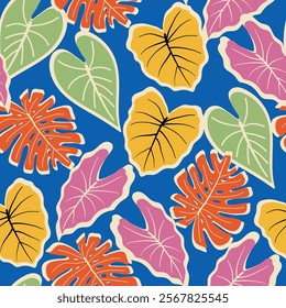 Abstract seamless tropical pattern with bright plants and leaves on a blue background. Beautiful seamless vector floral pattern. Seamless pattern with colorful leaves and plants.