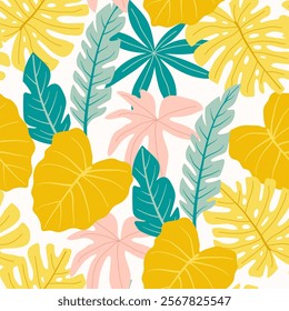 Abstract seamless tropical pattern with bright plants and leaves on a delicate background. Beautiful seamless vector floral pattern. Vector design. Jungle print. Floral background. 