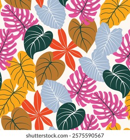 Abstract seamless tropical pattern with bright plants and leaves on a beige background. Summer colorful hawaiian seamless pattern with tropical plants. Modern abstract design for fabric.