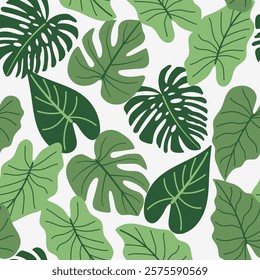 Abstract seamless tropical pattern with bright plants and leaves on a white background. Vector design. Jungle print. Floral background.  Seamless exotic pattern with tropical plants.