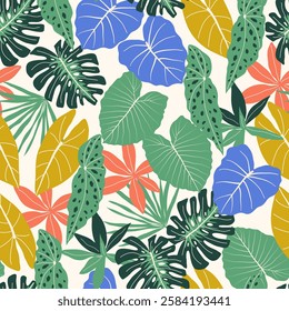 Abstract seamless tropical pattern with bright plants and leaves on pastel background. Exotic jungle wallpaper. Botanical leaf seamless vector floral pattern background.