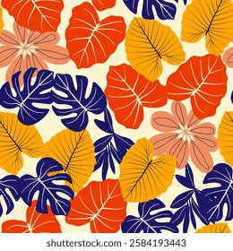 Abstract seamless tropical pattern with bright plants and leaves on a delicate yellow background. Modern abstract design for fabric, paper, interior decor. Summer colorful hawaiian.