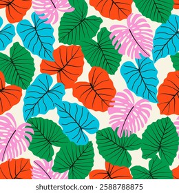 Abstract seamless tropical pattern with bright plants and leaves on a light beige background. Beautiful seamless vector floral pattern. Exotic jungle wallpaper. Hawaiian style.