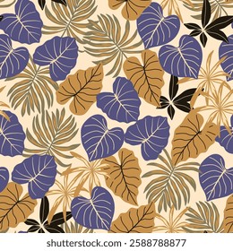 Abstract seamless tropical pattern with bright plants and leaves on light brown background. Botanical leaf seamless vector floral pattern background. Vector design. Jungle print. Floral background. 