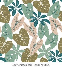Abstract seamless tropical pattern with bright plants and leaves on a light background. Seamless exotic pattern with tropical plants. Tropic leaves in bright colors.