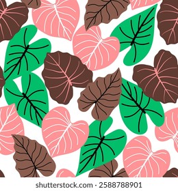 Abstract seamless tropical pattern with bright plants and leaves on a white background. Beautiful exotic plants.  Exotic wallpaper. Trendy summer Hawaii print.