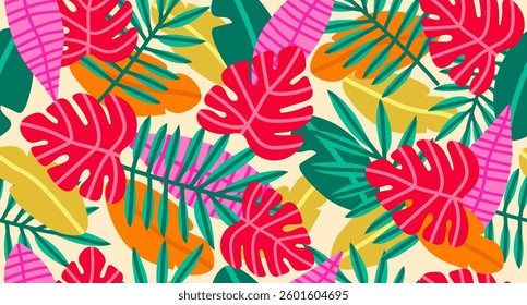 Abstract seamless tropical pattern with bright leaves. Palm background. Vector.
